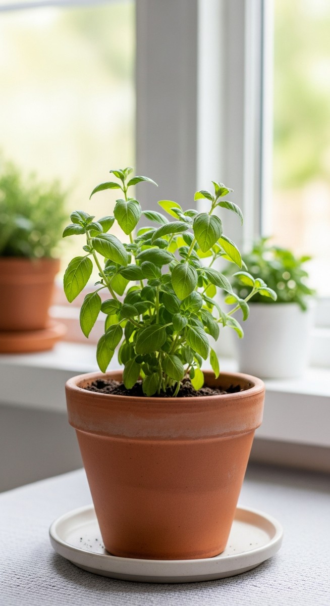 a herbs plant thriving in a summer home interior in summer
