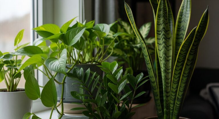 a mixed houseplants looking healthy in a room with low natural light, for indoor plants low light