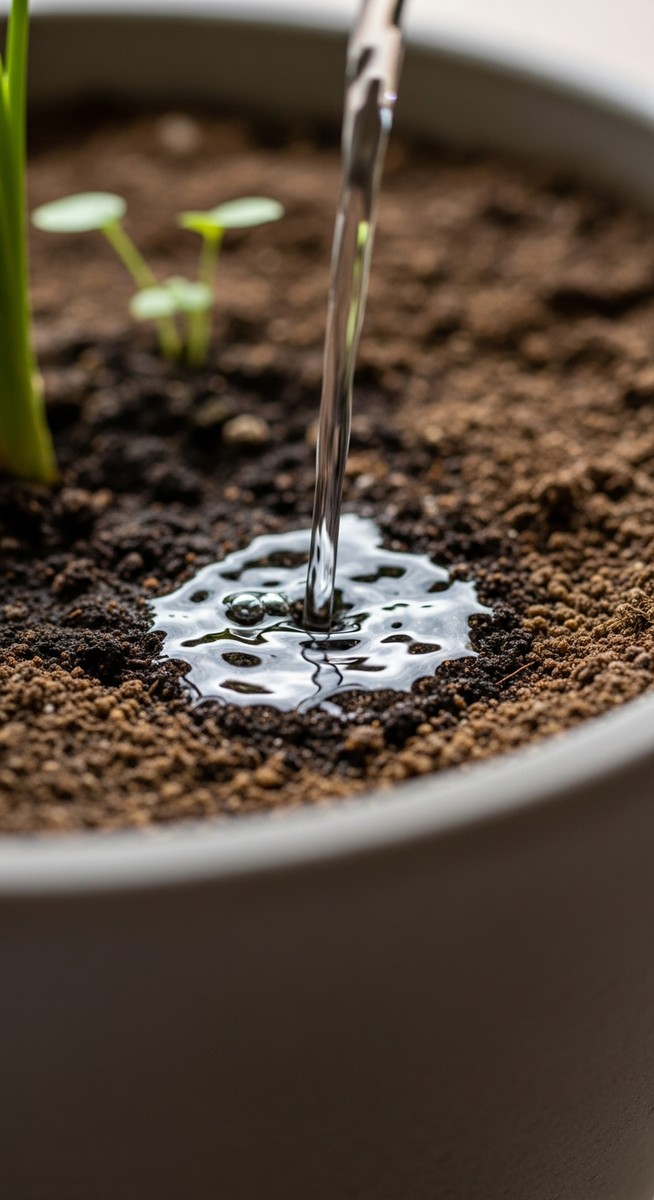 close-up of water being poured into the soil of a self planters plant