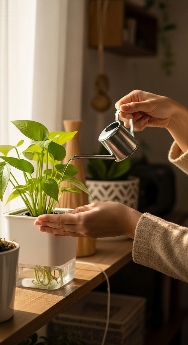 a person watering a self planters plant with a watering can, for indoor self watering planters