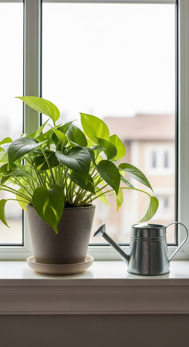 a self planters plant on a windowsill next to a small watering can