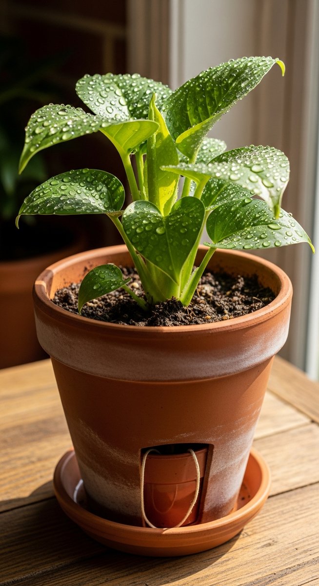 a self planters plant with water droplets on the leaves after watering
