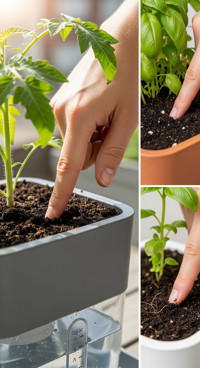 a person checking soil moisture of a self planters plant before watering, for indoor self watering planters