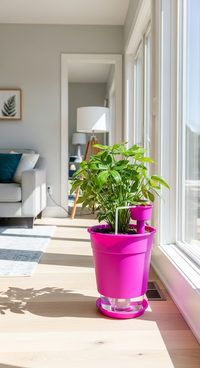 a self planters plant in a pot with a saucer underneath