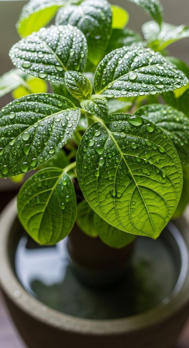 a self planters plant with water droplets on the leaves after watering