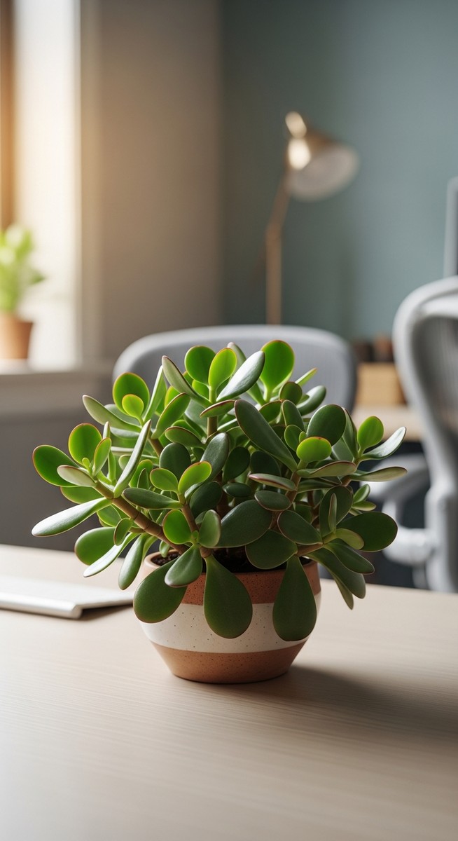 a jade plant plant on a home office desk creating a calming atmosphere