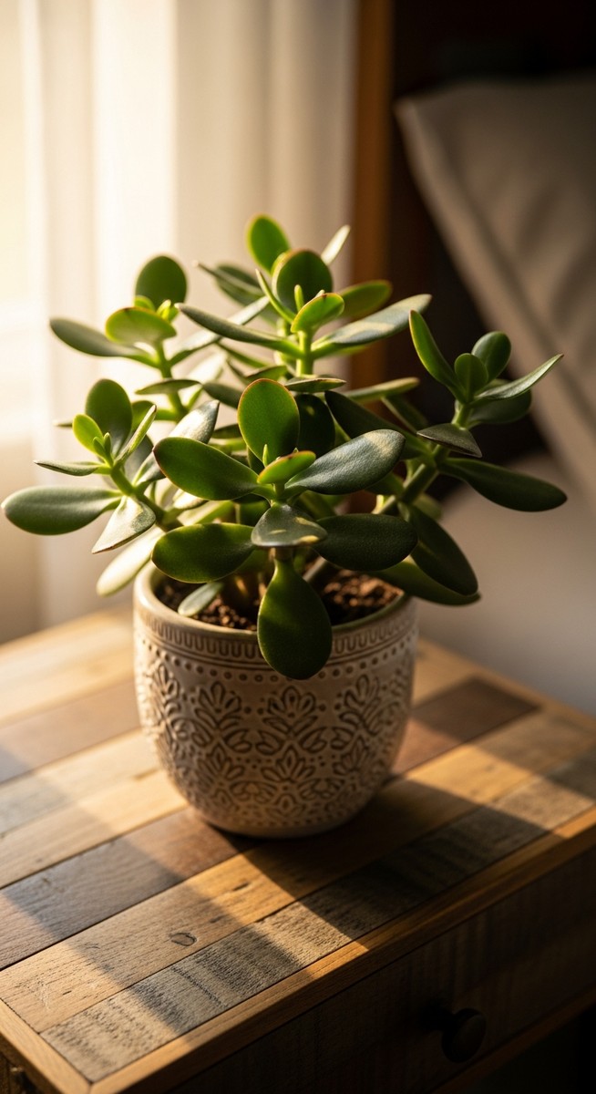 a jade plant plant on a bedside table in a cosy bedroom setting, for jade plant benefits