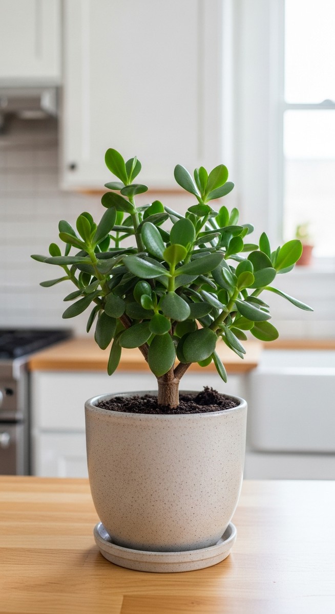 a jade plant plant on a kitchen windowsill in a bright fresh kitchen
