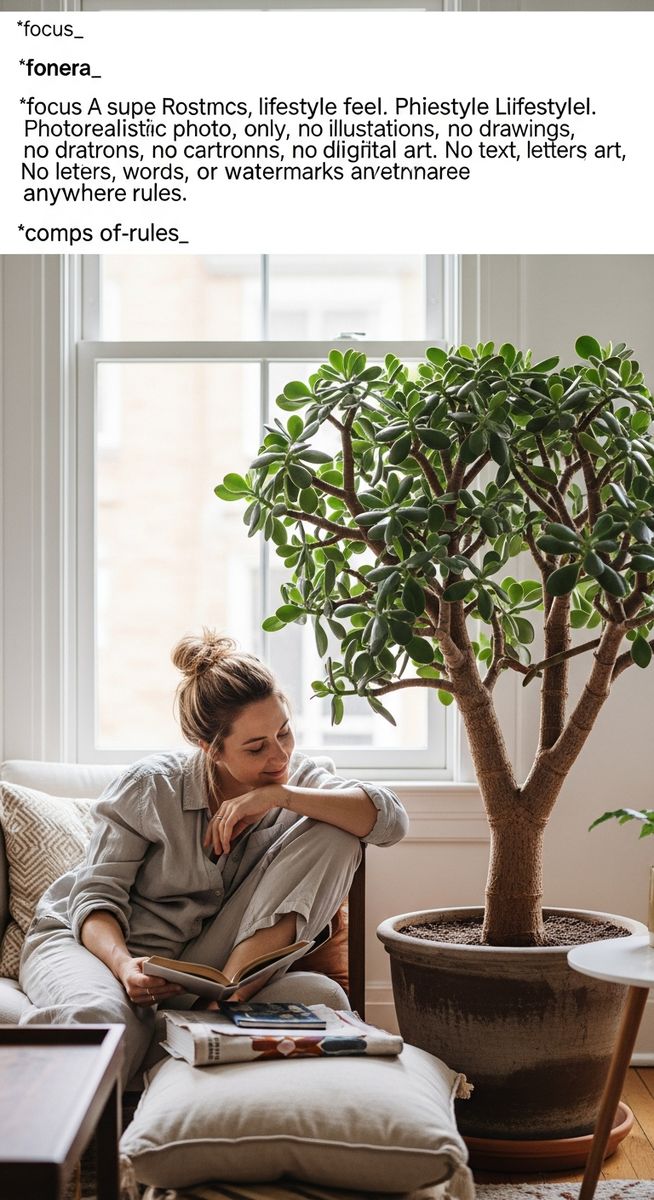 a person relaxing near a large jade plant plant in a bright home interior