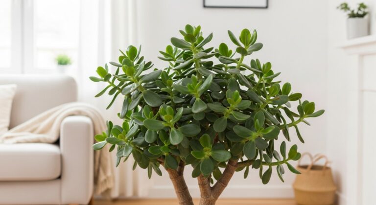a large healthy jade plant plant in a bright airy living room, for jade plant benefits