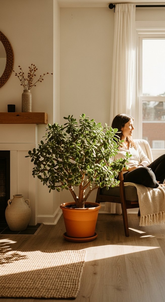 a person relaxing near a large jade plant plant in a bright home interior