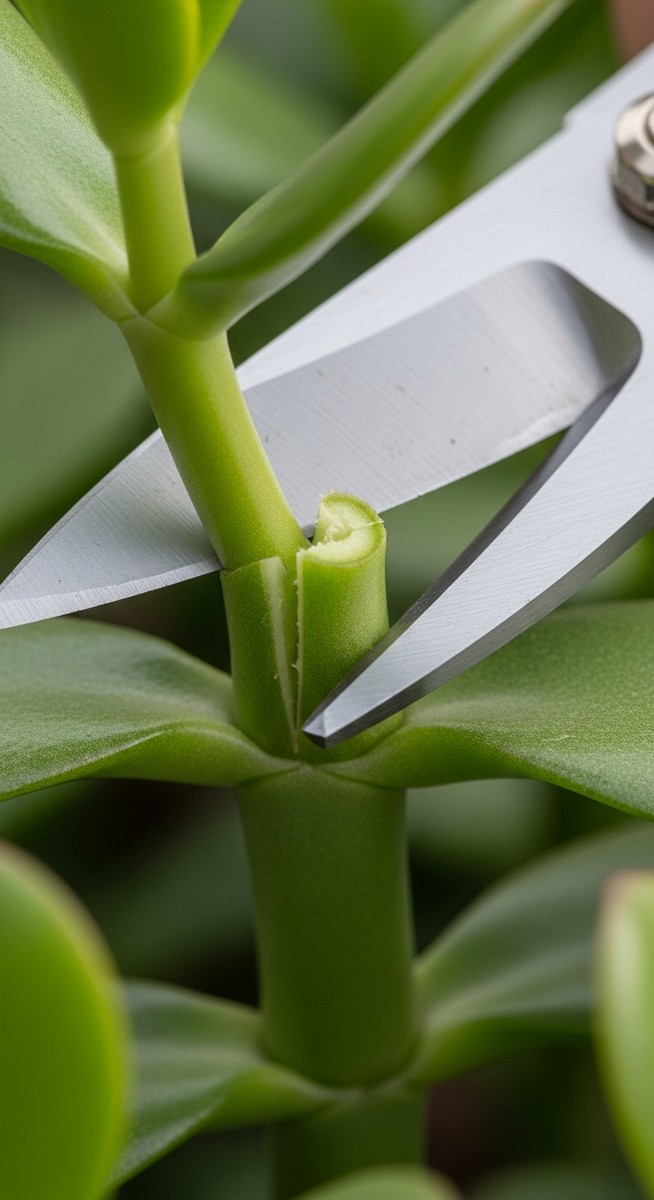 close-up of pruning shears making a clean cut on a jade plant plant stem