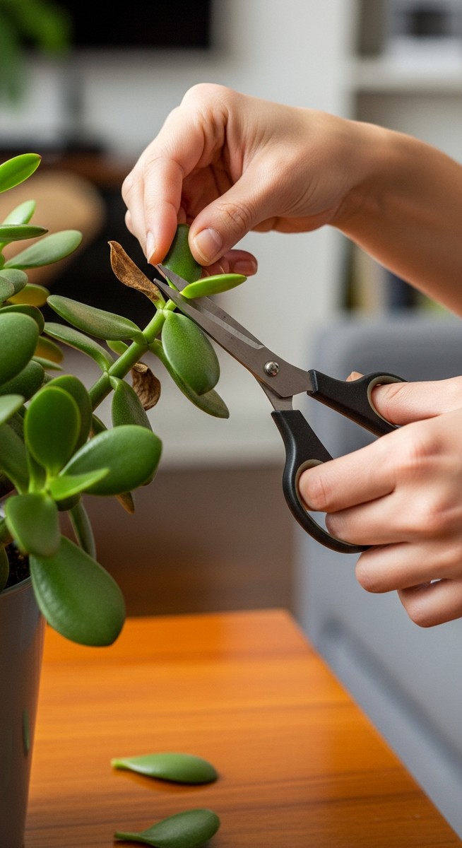 a person trimming a damaged leaf from a jade plant plant with scissors