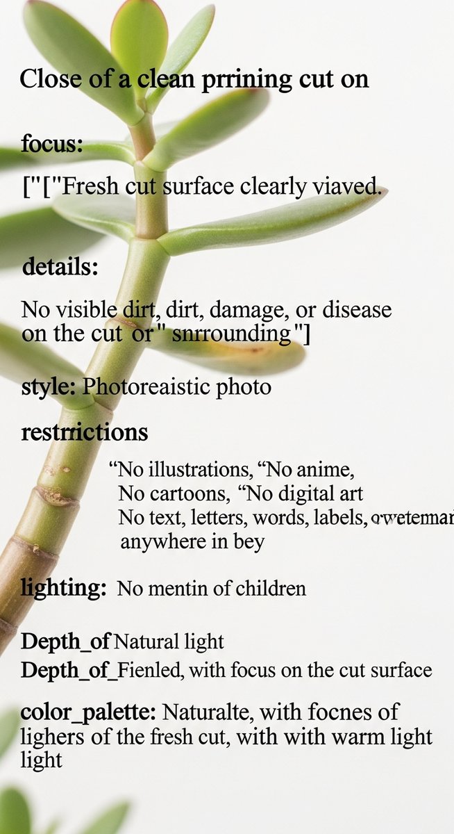 close-up of a clean pruning cut on a jade plant plant stem, for jade plant bonsai