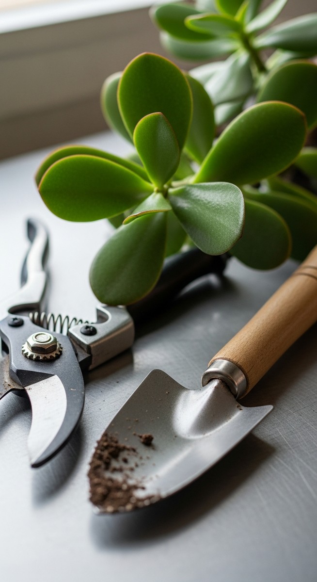 pruning tools laid out next to a jade plant plant ready to be trimmed