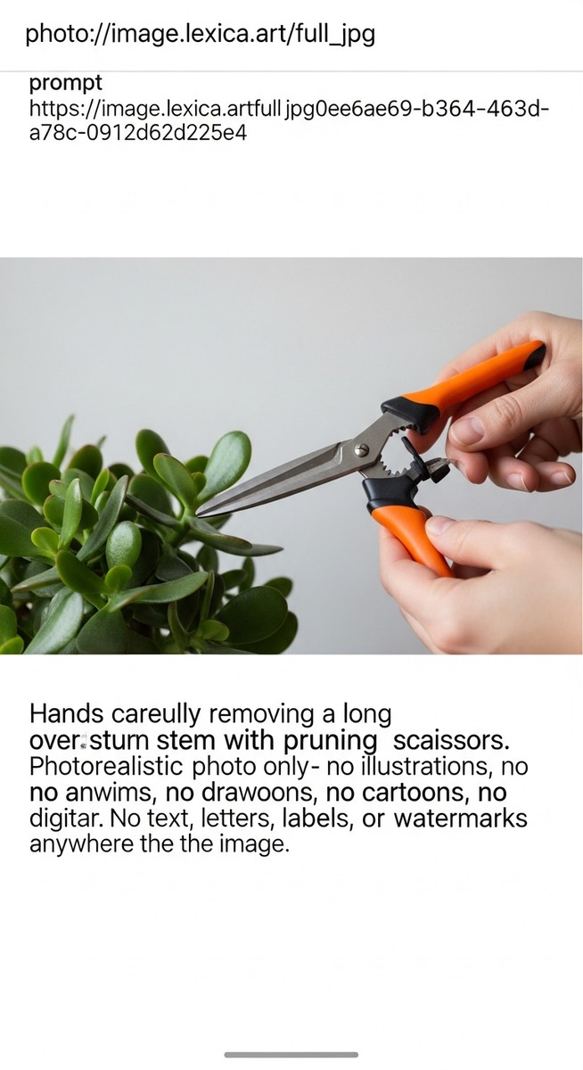 hands removing an overgrown stem from a jade plant plant with scissors, for jade plant bonsai