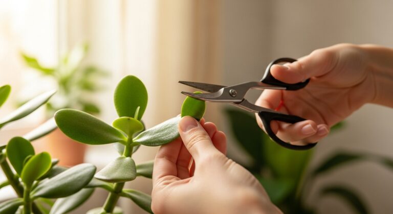 hands using pruning scissors to trim a leaf from a jade plant plant, for jade plant bonsai
