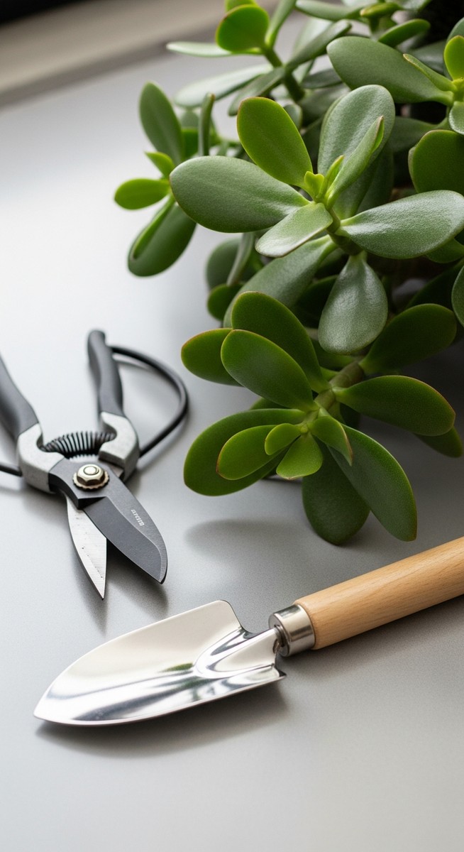 pruning tools laid out next to a jade plant plant ready to be trimmed
