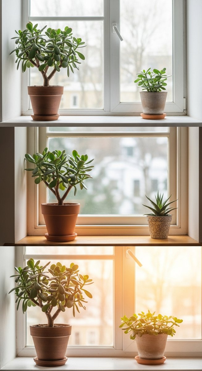 a jade plant plant in a pot near a bright window