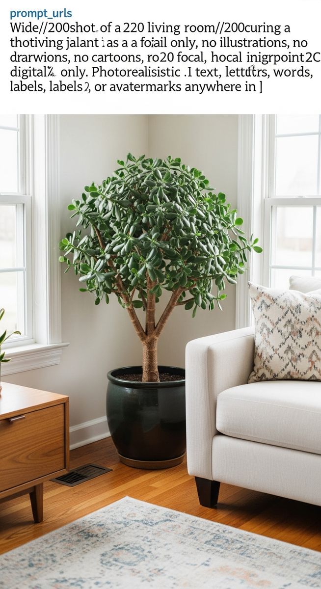 a large thriving jade plant plant as a living room focal point, for jade plant care