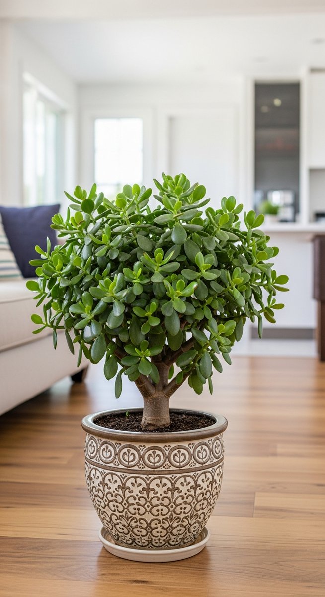 a jade plant plant in a decorative pot on a wooden floor