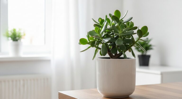 a healthy jade plant plant displayed in a bright modern living room, for jade plant care