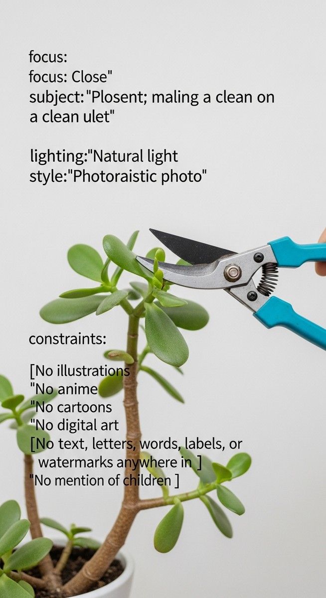 close-up of pruning shears making a clean cut on a jade plant plant stem