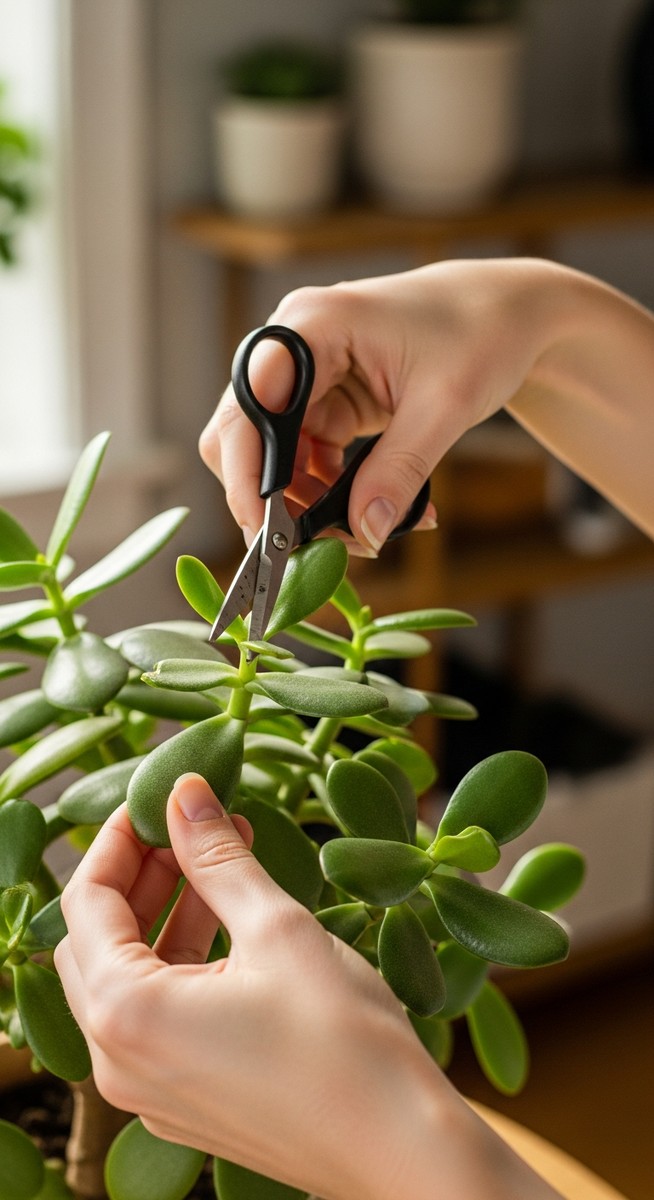 a person trimming a damaged leaf from a jade plant plant with scissors