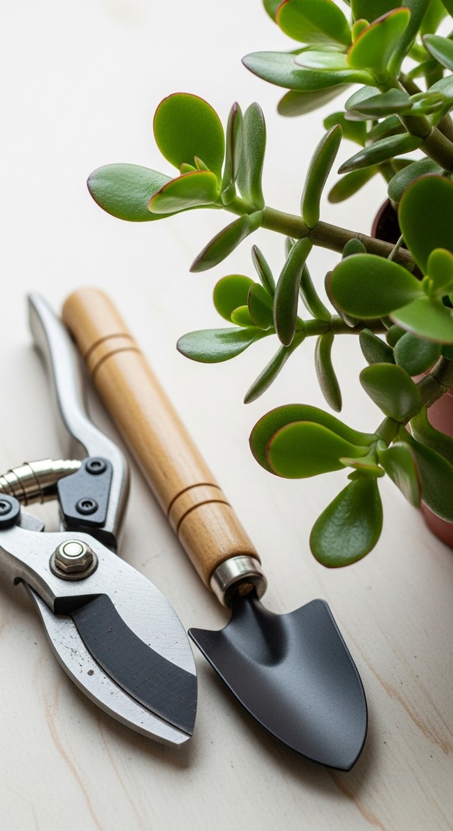 pruning tools laid out next to a jade plant plant ready to be trimmed