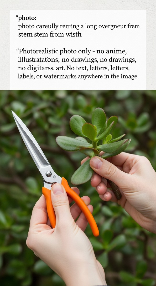 hands removing an overgrown stem from a jade plant plant with scissors, for jade plant pruning