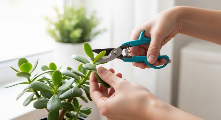 hands using pruning scissors to trim a leaf from a jade plant plant, for jade plant pruning