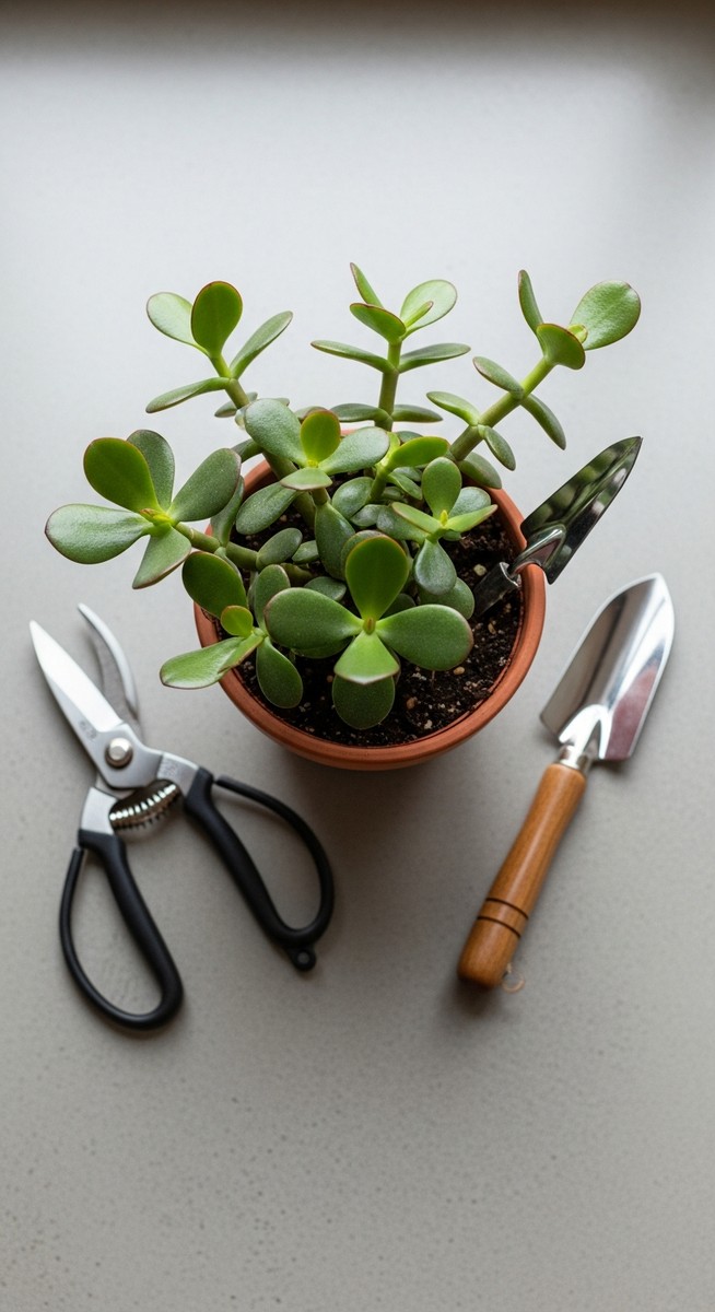 pruning tools laid out next to a jade plant plant ready to be trimmed