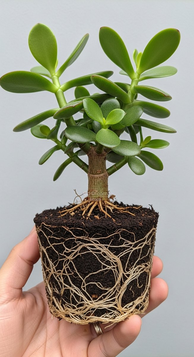 close-up of a jade plant plant's root ball exposed after removing from its pot