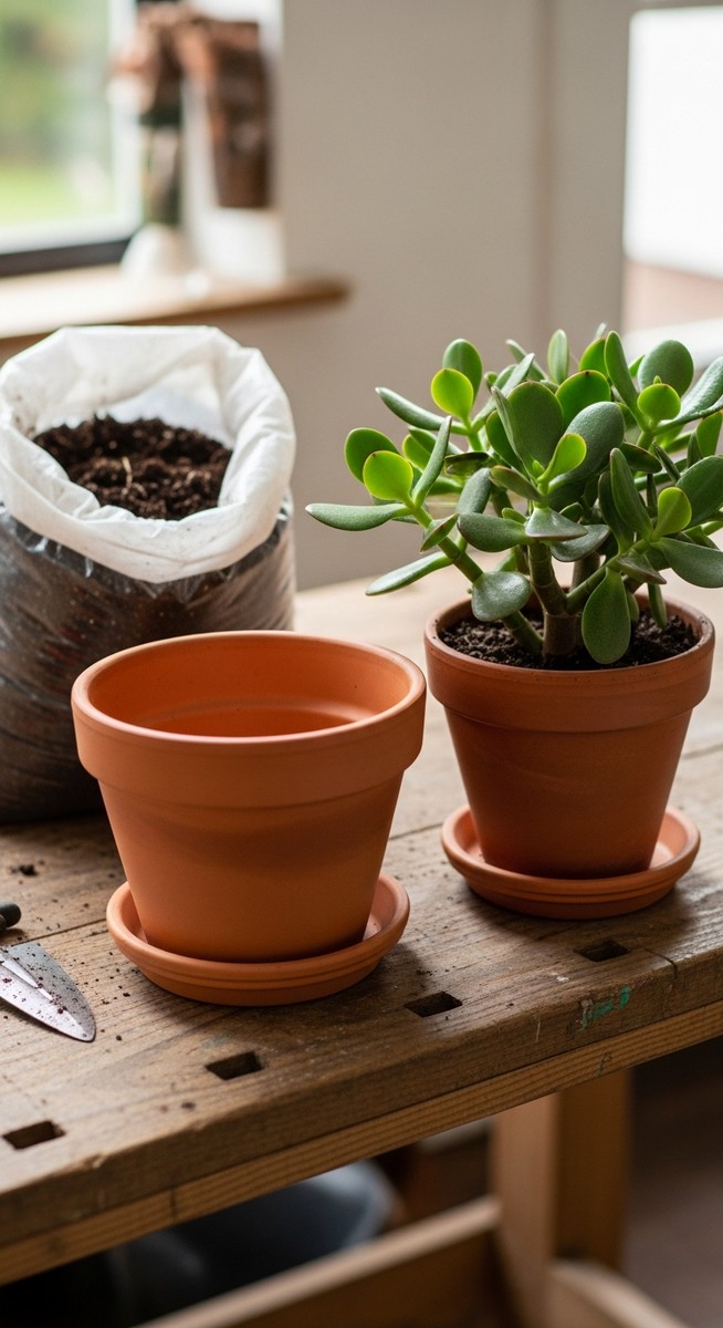a jade plant plant next to a larger pot and fresh potting soil ready to repot, for jade plant soil