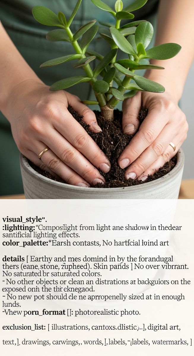 hands pressing fresh soil around a jade plant plant in its new pot