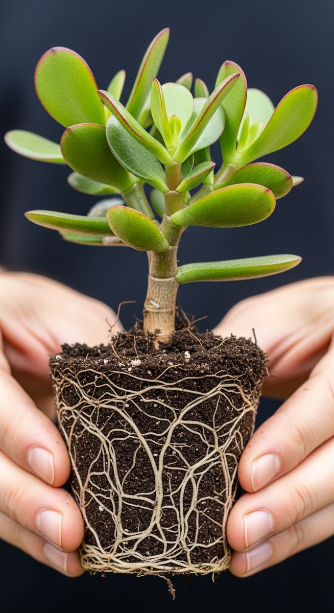 a jade plant plant held with roots visible ready to go into a new pot, for jade plant soil
