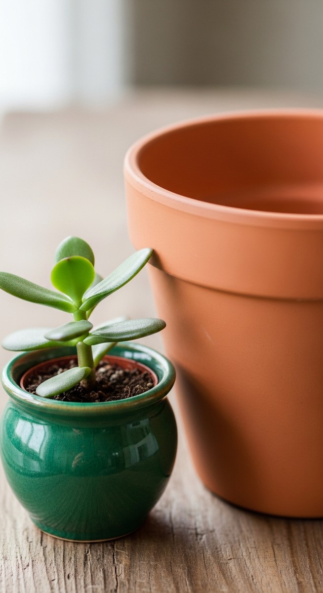 a jade plant plant in a small pot beside a larger empty pot