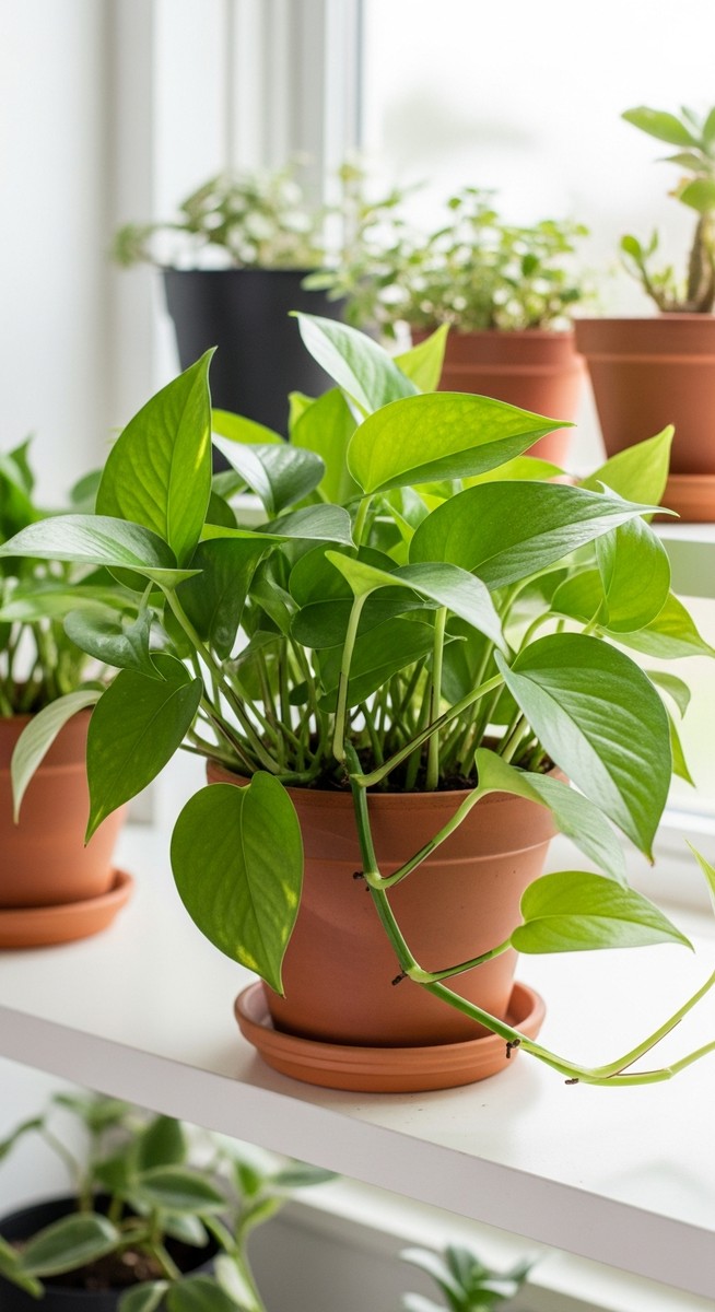 a lush pothos plant in a terracotta pot on a white shelf