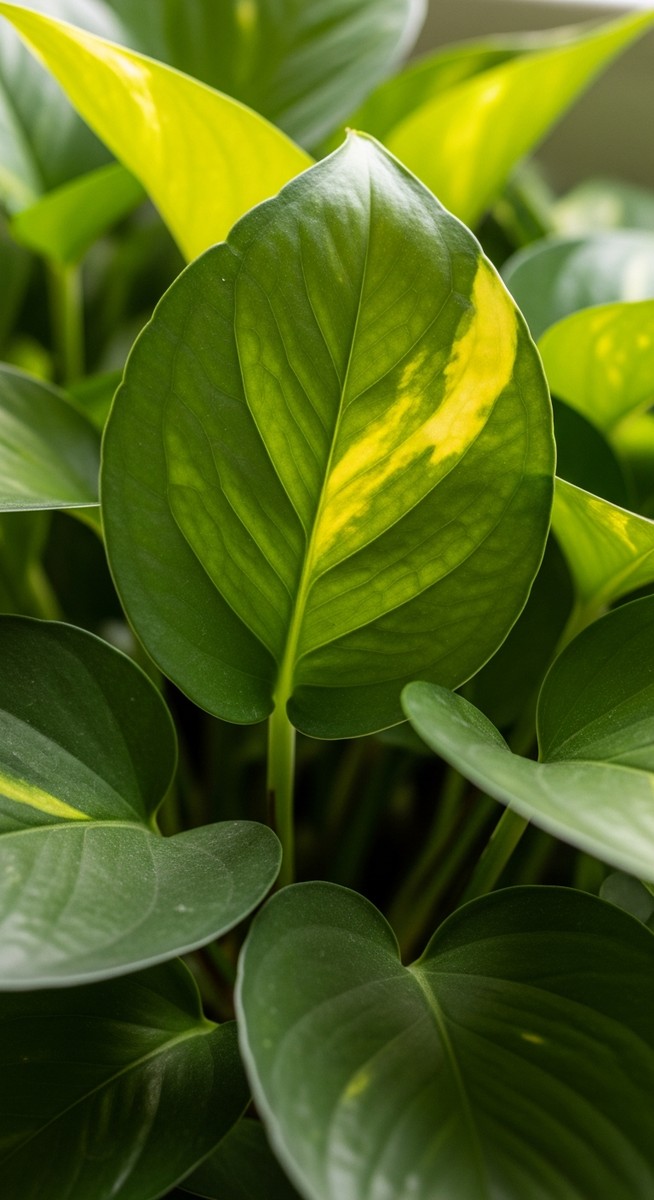 close-up of healthy pothos leaves showing vivid colour and texture, for jade pothos