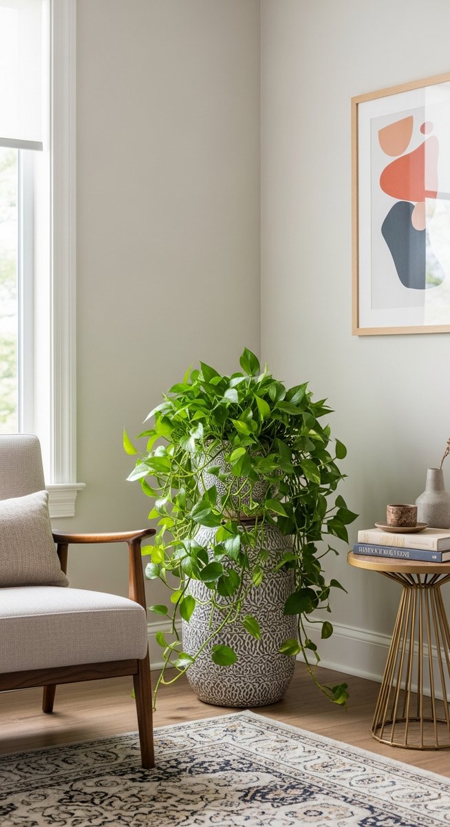 a large thriving pothos plant as a living room focal point, for jade pothos