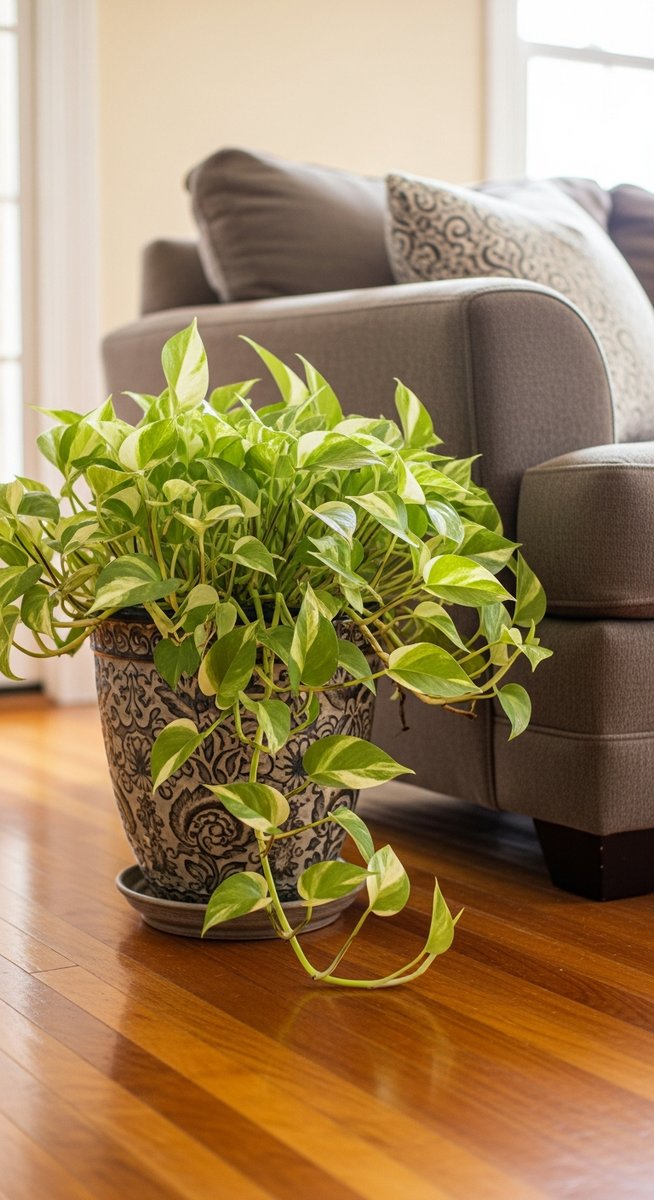 a pothos plant in a decorative pot on a wooden floor