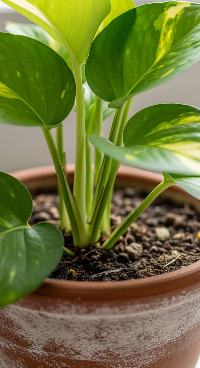 close-up of the base and lower leaves of a pothos plant, for jade pothos