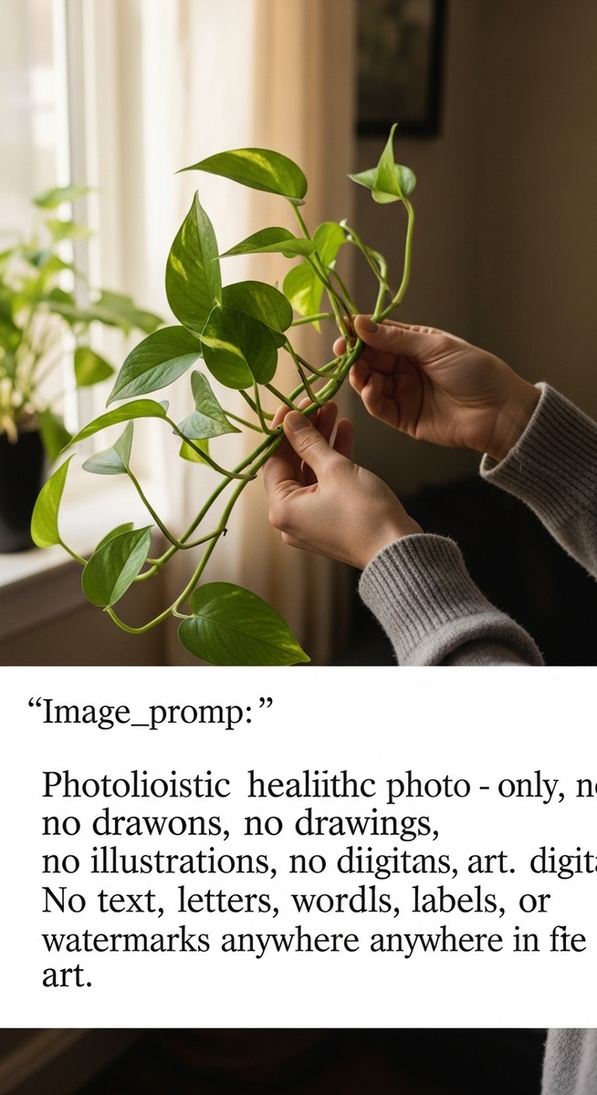 hands touching the leaves of a healthy pothos plant