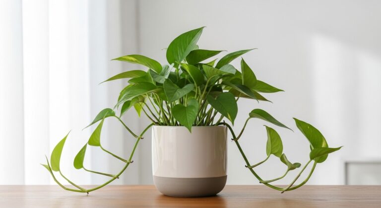 a healthy pothos plant displayed in a bright modern living room, for jade pothos