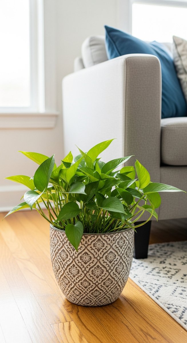 a pothos plant in a decorative pot on a wooden floor