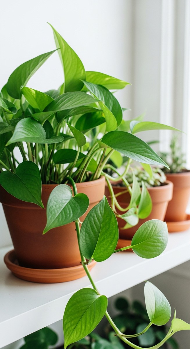 a lush pothos plant in a terracotta pot on a white shelf