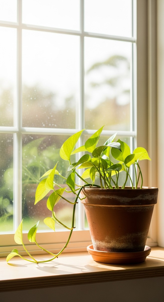 a pothos plant in a pot near a bright window
