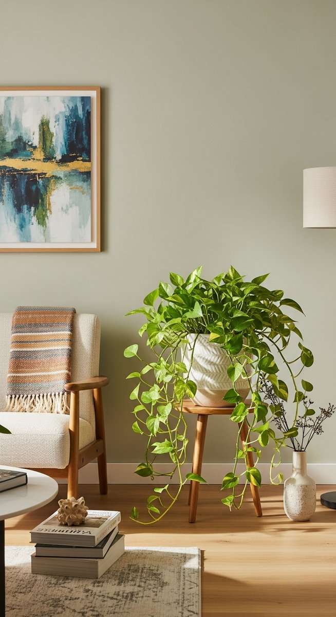 a large thriving pothos plant as a living room focal point, for jade satin pothos scindapsus