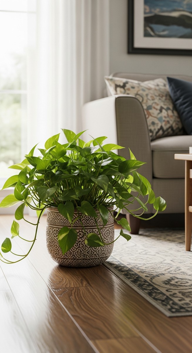a pothos plant in a decorative pot on a wooden floor