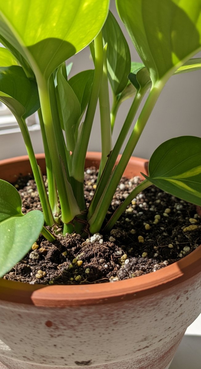 close-up of the base and lower leaves of a pothos plant, for jade satin pothos scindapsus